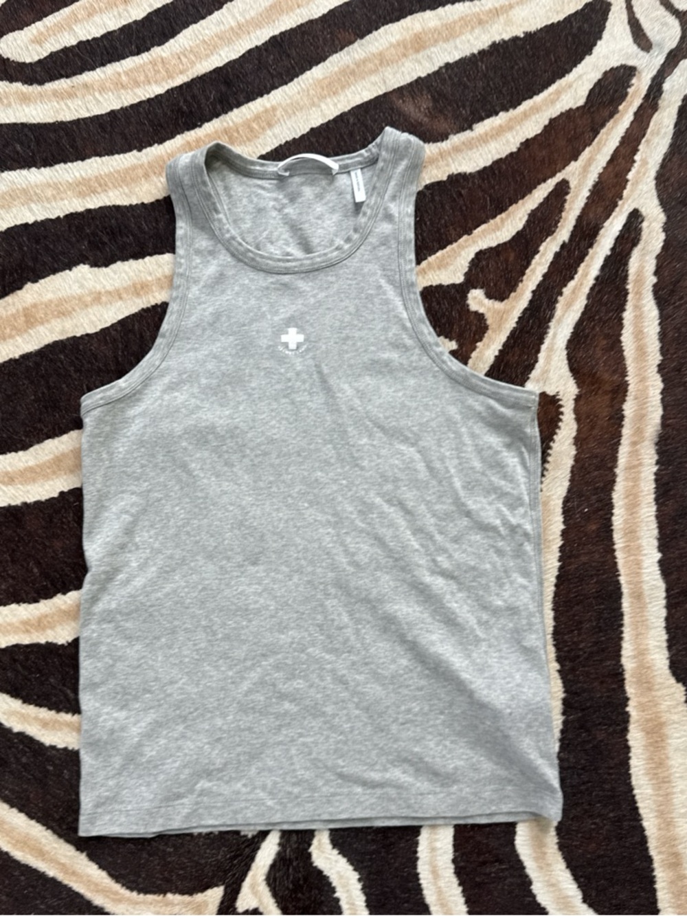 Helmut Lang Gray Sleeveless Tank Top with Small White Cross Logo